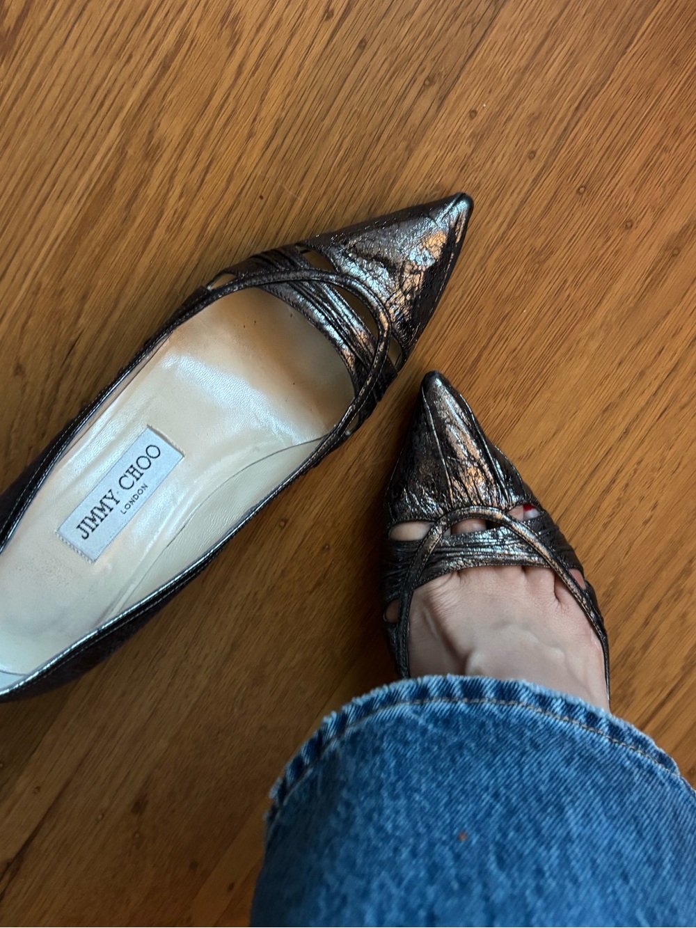 JIMMY CHOO METALLIC SNAKESKIN CUT OUT KITTEN HEEL MULES PUMPS SHOES SIZE 6.5